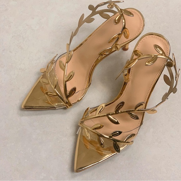 Women’s Leaf Wrap Around Stiletto Heeled Sandals in Mirriored Gold Faux Leather - Picture 5 of 6
